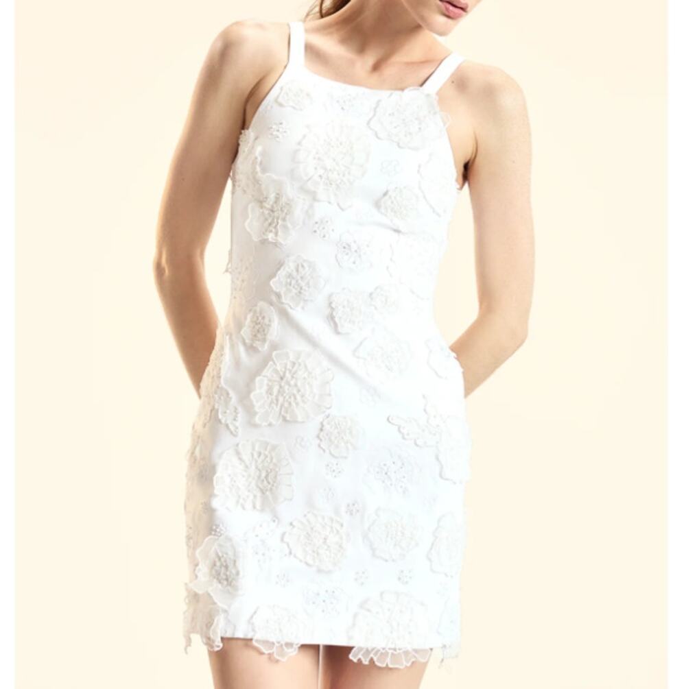 Cynthia Rowley White Embroidered Floral 3D Applique Fitted Mini Dress Size S